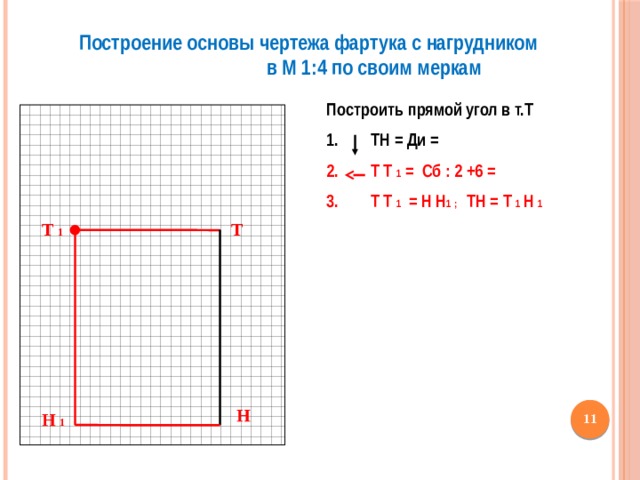 Построение основы чертежа фартука с нагрудником в М 1:4 по своим меркам Построить прямой угол в т.Т  1. ТН = Ди =  Т Т 1 = Сб : 2 +6 =  Т Т 1 = Н Н 1 ; ТН = Т 1 Н 1 Т Т 1 Н  Н 1 