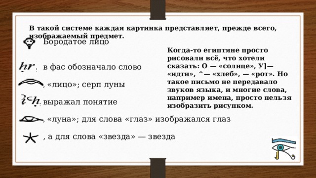 В такой системе каждая картинка представляет, прежде всего, изображаемый предмет. Бородатое лицо         в фас обозначало слово        , «лицо»; серп луны             выражал понятие       , «луна»; для слова «глаз» изображался глаз              , а для слова «звезда» — звезда         Когда-то егип­тяне просто рисовали всё, что хотели сказать: О — «солн­це», У]— «идти», ^— «хлеб», — «рот». Но такое письмо не передавало звуков языка, и многие слова, на­пример имена, просто нельзя изобразить рисунком.