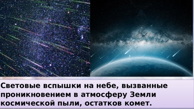 Световые вспышки на небе, вызванные проникновением в атмосферу Земли космической пыли, остатков комет. 