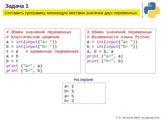 Задача 1 Составить программу, меняющую местами значения двух переменных # Обмен значений переменных # Обмен значений переменных # Возможности языка Python # Классическое решение a = int ( input ( 