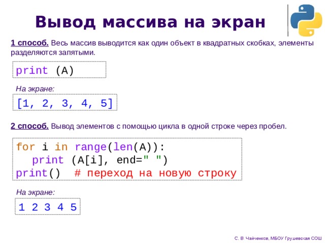Вывод массива на экран 1 способ.  Весь массив выводится как один объект в квадратных скобках, элементы разделяются запятыми. print (A) На экране: [1, 2, 3, 4, 5] 2 способ.  Вывод элементов с помощью цикла в одной строке через пробел. for i in  range ( len (A)):  print (A[i], end= 