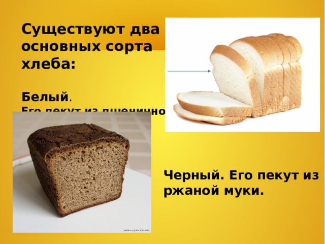 Существуют два основных сорта хлеба: Белый . Его пекут из пшеничной муки. Черный. Его пекут из ржаной муки. 