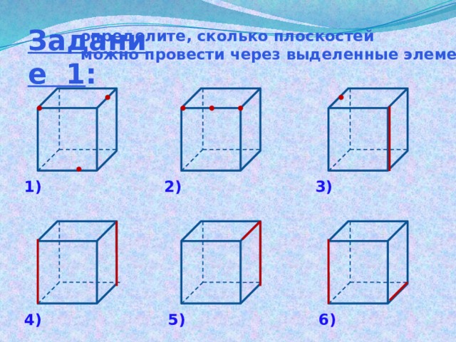 Задание 1 : определите, сколько плоскостей можно провести через выделенные элементы? 1) 2) 3) 5) 4) 6) 