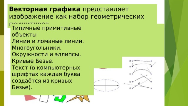 Векторная графика представляет изображение как набор геометрических примитивов. Типичные примитивные объекты Линии и ломаные линии. Многоугольники. Окружности и эллипсы. Кривые Безье. Текст (в компьютерных шрифтах каждая буква создаётся из кривых Безье). 