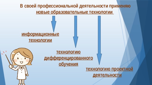  В своей профессиональной деятельности применяю новые образовательные технологии   информационные технологии технологию дифференцированного обучения технологию проектной  деятельности 