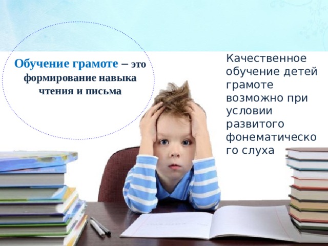 Качественное обучение детей грамоте возможно при условии развитого фонематического слуха Обучение грамоте – это формирование навыка чтения и письма 