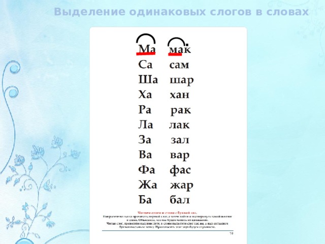 Выделение одинаковых слогов в словах . 