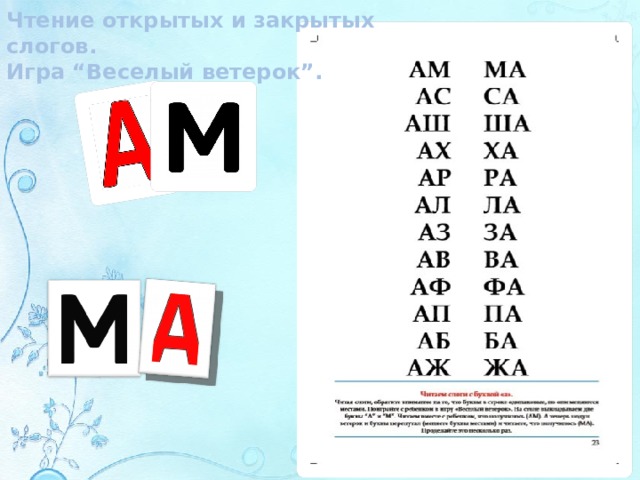 Чтение открытых и закрытых слогов. Игра “Веселый ветерок”. 