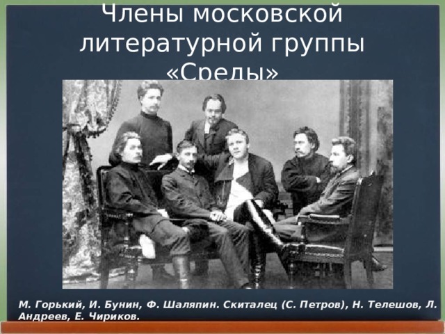 Члены московской литературной группы «Среды» М. Горький, И. Бунин, Ф. Шаляпин. Скиталец (С. Петров), Н. Телешов, Л. Андреев, Е. Чириков.