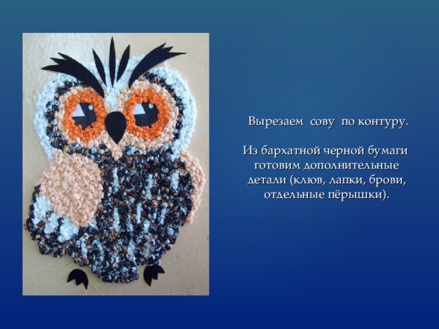  Вырезаем сову по контуру.   Из бархатной черной бумаги готовим дополнительные детали (клюв, лапки, брови, отдельные пёрышки). 