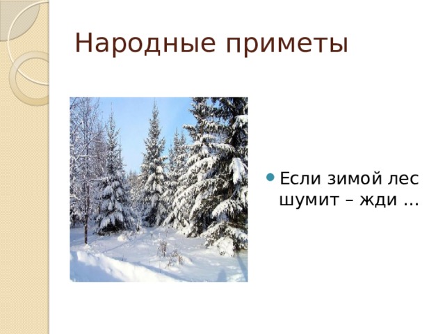 Народные приметы Если зимой лес шумит – жди … 