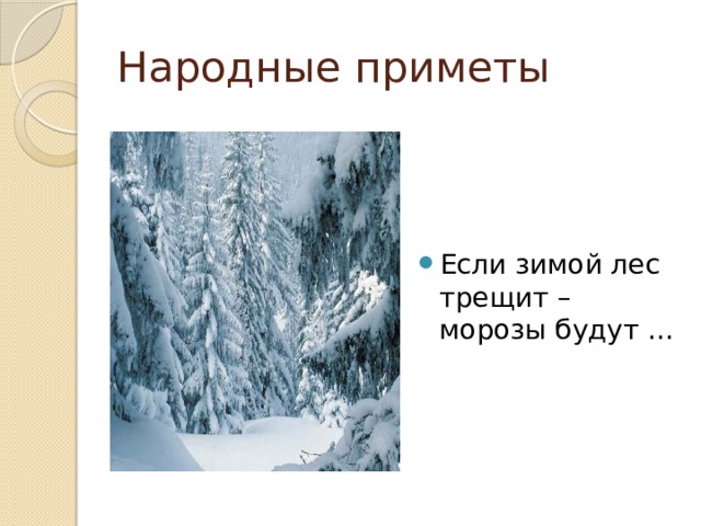 Народные приметы Если зимой лес трещит – морозы будут … 