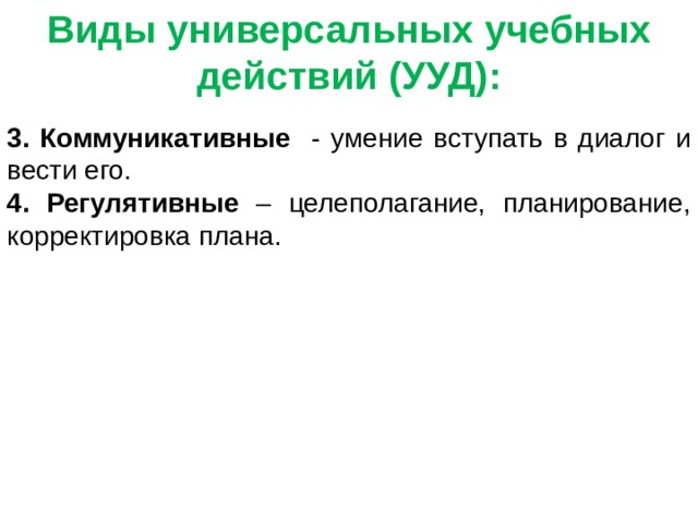 Виды универсальных учебных действий (УУД): 3. Коммуникативные - умение вступать в диалог и вести его. 4. Регулятивные – целеполагание, планирование, корректировка плана. 