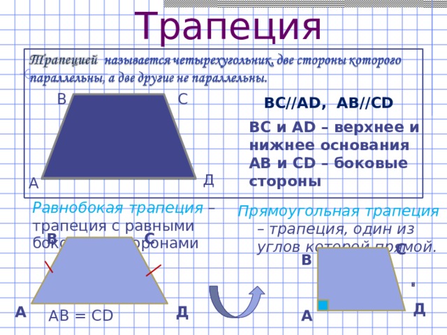Трапеция В С BC//AD, AB//CD BC и AD – верхнее и нижнее основания АВ и CD – боковые стороны Д А Равнобокая трапеция – трапеция с равными боковыми сторонами Прямоугольная трапеция – трапеция, один из углов которой прямой. В С С В Д Д А AB = CD А 