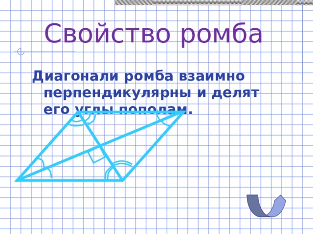Свойство ромба Диагонали ромба взаимно перпендикулярны и делят его углы пополам.  