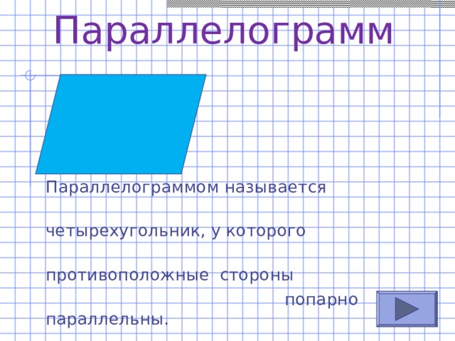 Параллелограмм  Параллелограммом называется  четырехугольник, у которого  противоположные стороны  попарно параллельны. 