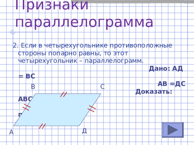 В параллелограмме противоположные углы противоположные стороны