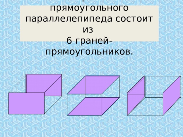 Поверхность прямоугольного параллелепипеда состоит из  6 граней- прямоугольников. 