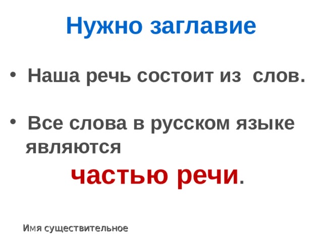 Нужно заглавие  Наша речь состоит из слов.   Все слова в русском языке являются   частью речи . являются   частью речи . Имя существительное 