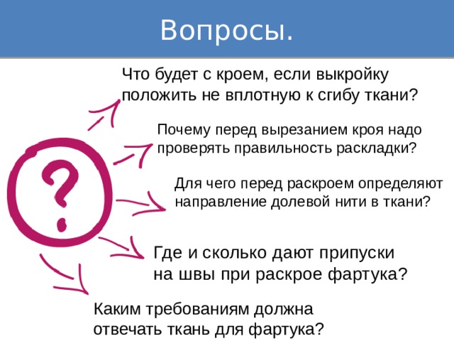 Вопросы. Что будет с кроем, если выкройку положить не вплотную к сгибу ткани? Почему перед вырезанием кроя надо проверять правильность раскладки? Для чего перед раскроем определяют направление долевой нити в ткани? Где и сколько дают припуски на швы при раскрое фартука? Каким требованиям должна отвечать ткань для фартука? 