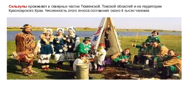 Селькупы  проживают в северных частях Тюменской, Томской областей и на территории Красноярского Края. Численность этого этноса составляет около 4 тысяч человек. 
