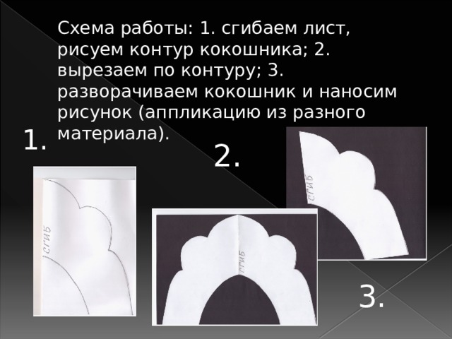 Схема работы: 1. сгибаем лист, рисуем контур кокошника; 2. вырезаем по контуру; 3. разворачиваем кокошник и наносим рисунок (аппликацию из разного материала). 1. 2. 3. 