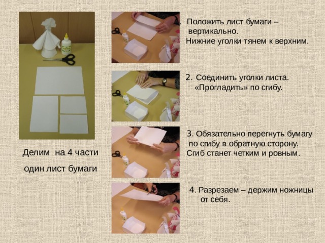 Положить лист бумаги –  вертикально.  Нижние уголки тянем к верхним. 2. Соединить уголки листа.  «Прогладить» по сгибу. 3 . Обязательно перегнуть бумагу  по сгибу в обратную сторону. Сгиб станет четким и ровным. Делим на 4 части один лист бумаги 4 . Разрезаем – держим ножницы  от себя. 