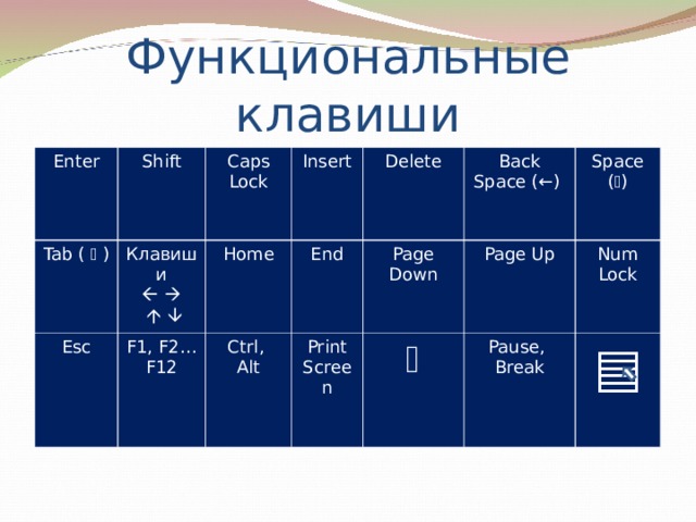 Функциональные клавиши Enter Shift Tab (  ) Caps Lock Esc Клавиши          Insert F1, F2…F12 Home Ctrl ,   A lt End Delete Back Space (←) Print Screen Page Down Page Up Space (  )  Pause ,  Break Num Lock ▤ 