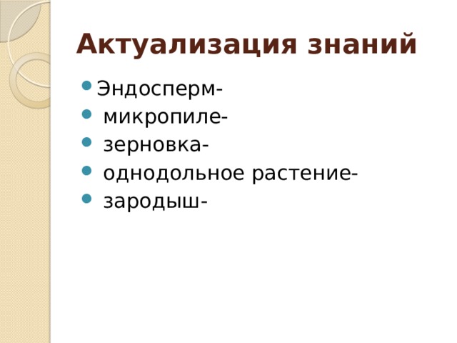 Актуализация знаний Эндосперм-  микропиле-  зерновка-  однодольное растение-  зародыш- 