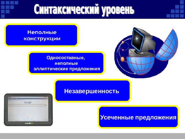 Односоставные, неполные  эллиптические предложения Незавершенность Усеченные предложения