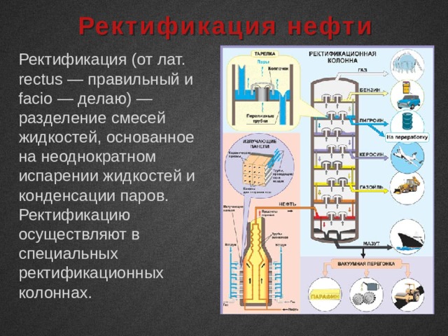 Ректификация нефти Ректификация (от лат. rectus — правильный и facio — делаю) — разделение смесей жидкостей, основанное на неоднократном испарении жидкостей и конденсации паров. Ректификацию осуществляют в специальных ректификационных колоннах. 