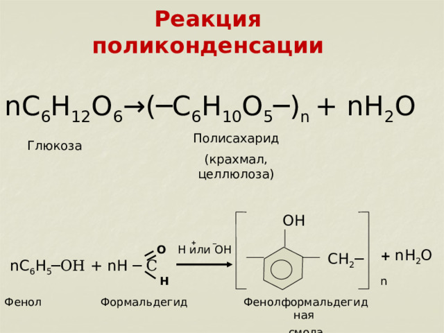 Реакция поликонденсации nC 6 H 12 O 6 →( ─ C 6 H 10 O 5 ─ ) n + nH 2 O Полисахарид (крахмал, целлюлоза) Глюкоза OH _ + O H или OH + nH 2 O CH 2 ─ nC 6 H 5 ─OH + nH ─ C  H n Фенол Формальдегид Фенолформальдегидная смола 