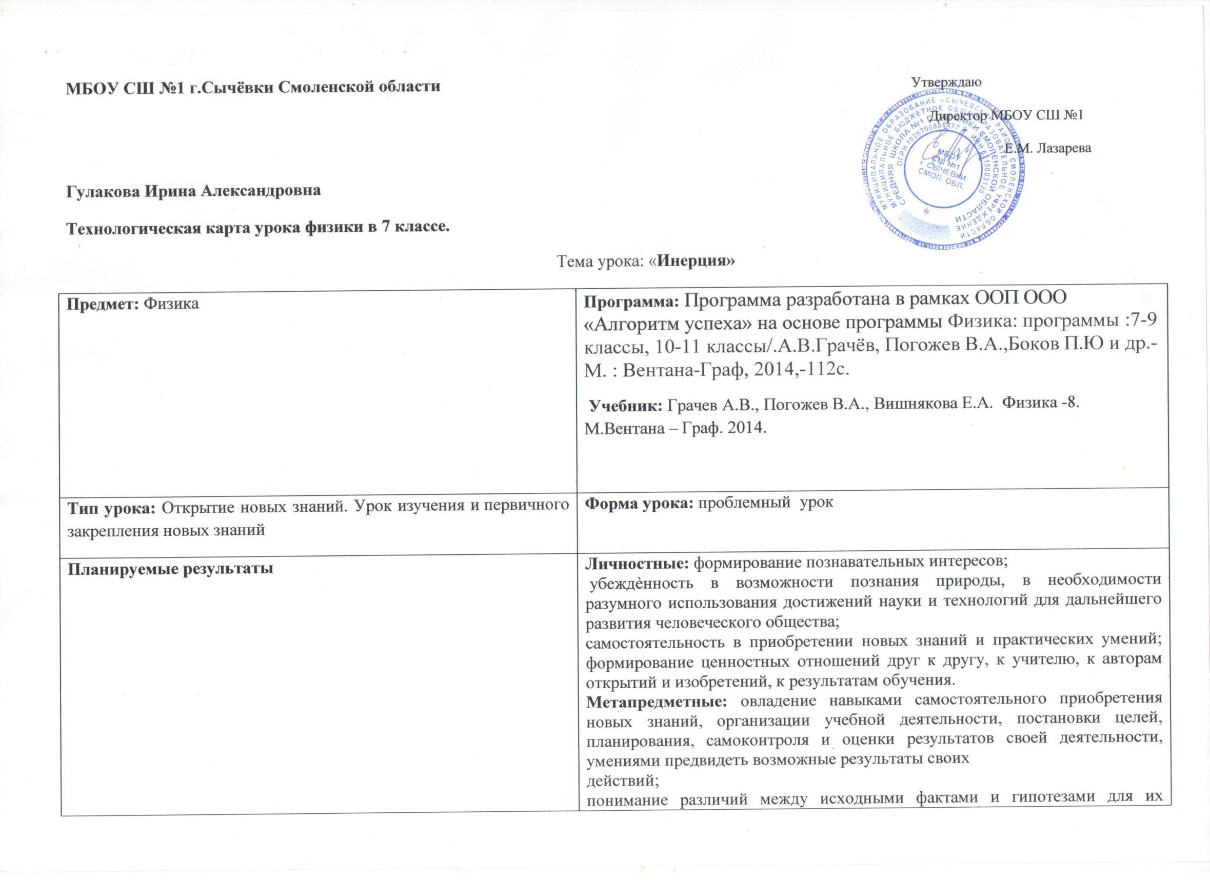 Технологическая карта урока физики на тему:" Сила упругости. Закон Гука." ( 7 кл