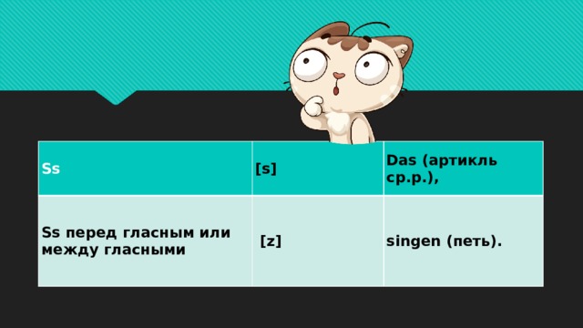 Ss Ss перед гласным или между гласными [s] Das (артикль ср.р.),   [z] singen (петь). 