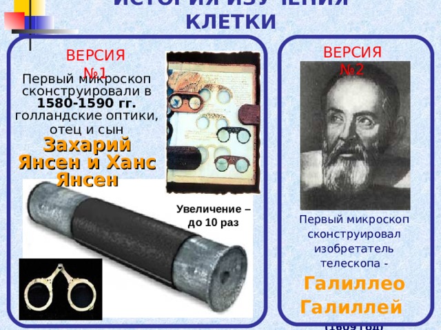 ИСТОРИЯ ИЗУЧЕНИЯ КЛЕТКИ ВЕРСИЯ №2 ВЕРСИЯ №1 Первый микроскоп сконструировали в 1580-1590 гг.  голландские оптики, отец и сын  Захарий Янсен и Ханс Янсен Увеличение – до 10 раз Первый микроскоп сконструировал изобретатель телескопа -  Галиллео Галиллей  (1609 год) 