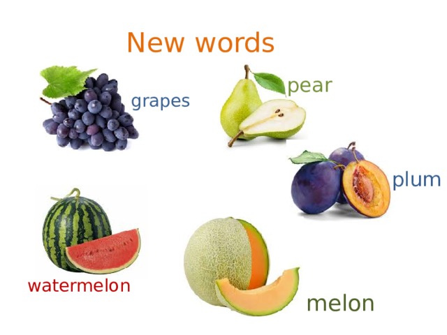 New words pear grapes plum watermelon melon 