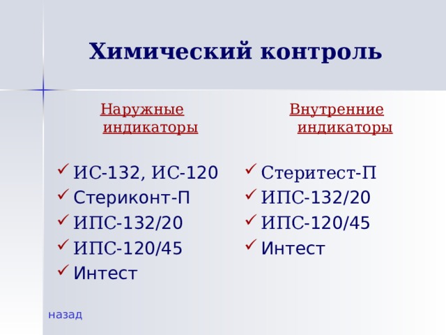 Химический контроль Наружные индикаторы  Внутренние индикаторы  ИС- 132 , ИС- 120 Стериконт-П ИПС- 132/20 ИПС- 120/45 Интест Стеритест-П ИПС- 132/20 ИПС- 120/45 Интест назад 