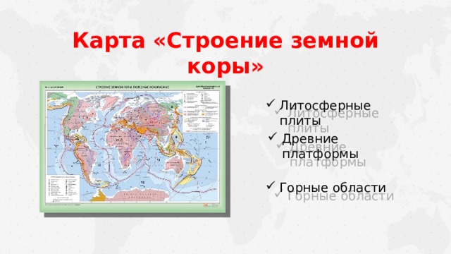 Карта «Строение земной коры» Литосферные плиты Древние платформы Горные области  