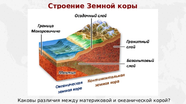 Строение Земной коры Каковы различия между материковой и океанической корой? 