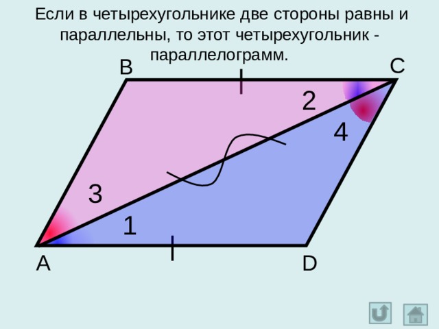   Если в четырехугольнике две стороны равны и параллельны, то этот четырехугольник - параллелограмм. С В 2 4 3 1 D А 