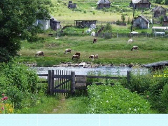                   Ich lebe in einem kleinen Dorf in einer unheimlich malerischen Gegend. Um unser Dorf herum sind viele Felder, kleine Flüsse und Wälder. Das Leben auf dem Lande gefällt mir und allen Mitgliedern meiner Familie sehr gut 