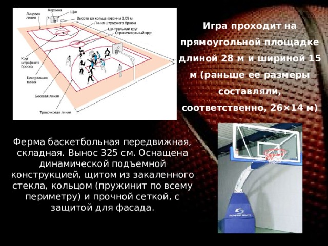Игра проходит на прямоугольной площадке длиной 28 м и шириной 15 м (раньше ее размеры составляли, соответственно, 26×14 м)  Ферма баскетбольная передвижная, складная. Вынос 325 см. Оснащена динамической подъемной конструкцией, щитом из закаленного стекла, кольцом (пружинит по всему периметру) и прочной сеткой, с защитой для фасада. 