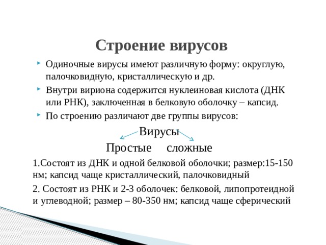 Строение вирусов Одиночные вирусы имеют различную форму: округлую, палочковидную, кристаллическую и др. Внутри вириона содержится нуклеиновая кислота (ДНК или РНК), заключенная в белковую оболочку – капсид. По строению различают две группы вирусов:  Вирусы  Простые сложные 1.Состоят из ДНК и одной белковой оболочки; размер:15-150 нм; капсид чаще кристаллический, палочковидный 2. Состоят из РНК и 2-3 оболочек: белковой, липопротеидной и углеводной; размер – 80-350 нм; капсид чаще сферический  
