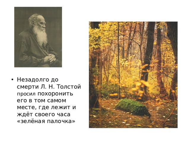 Незадолго до смерти Л. Н. Толстой просил похоронить его в том самом месте, где лежит и ждёт своего часа «зелёная палочка» 