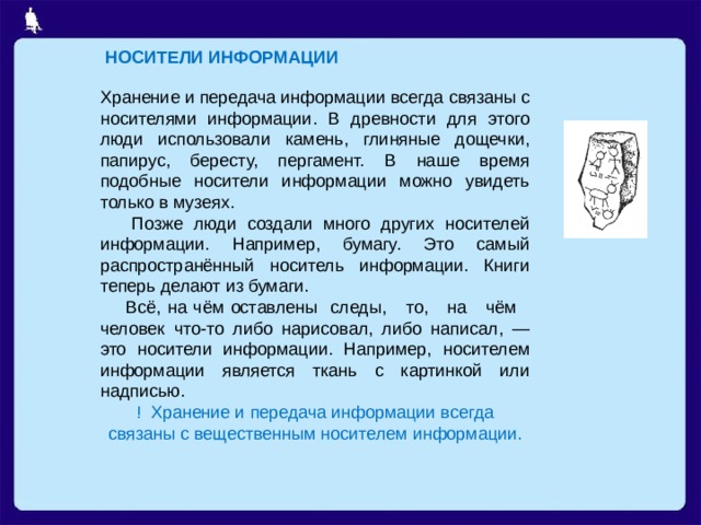  НОСИТЕЛИ ИНФОРМАЦИИ  Хранение и передача информации всегда связаны с носителями информации. В древности для этого люди использовали камень, глиняные дощечки, папирус, бересту, пергамент. В наше время подобные носители информации можно увидеть только в музеях.  Позже люди создали много других носителей информации. Например, бумагу. Это самый распространённый носитель информации. Книги теперь делают из бумаги.  Всё, на чём оставлены следы, то, на чём человек что-то либо нарисовал, либо написал, — это носители информации. Например, носителем информации является ткань с картинкой или надписью. ! Хранение и передача информации всегда связаны с вещественным носителем информации. 