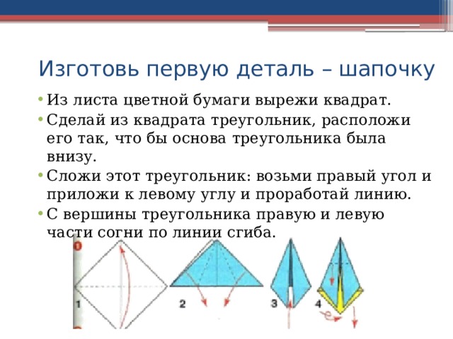 Изготовь первую деталь – шапочку Из листа цветной бумаги вырежи квадрат. Сделай из квадрата треугольник, расположи его так, что бы основа треугольника была внизу. Сложи этот треугольник: возьми правый угол и приложи к левому углу и проработай линию. С вершины треугольника правую и левую части согни по линии сгиба. 