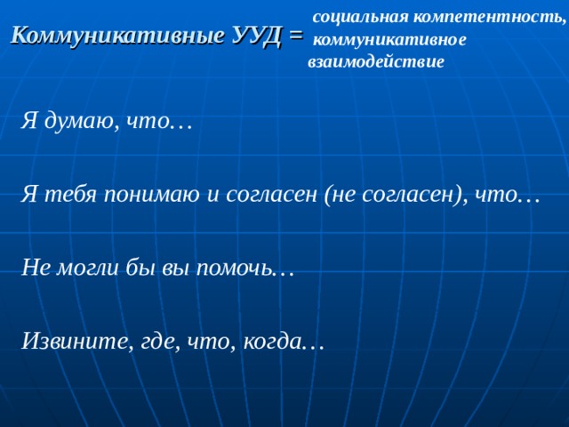  социальная компетентность,  коммуникативное взаимодействие  Коммуникативные УУД = Я думаю, что…  Я тебя понимаю и согласен (не согласен), что…  Не могли бы вы помочь…  Извините, где, что, когда…  