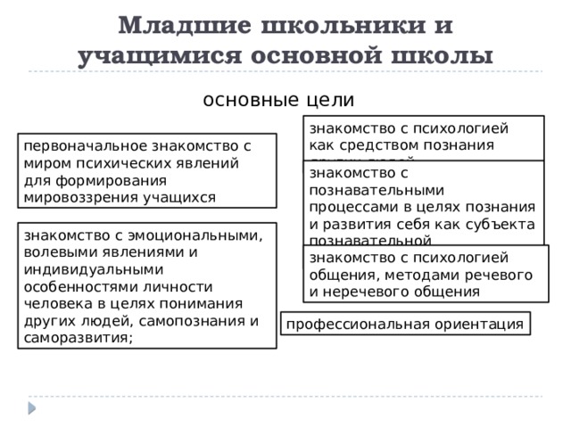 Младшие школьники и учащимися основной школы основные цели знакомство с психологией как средством познания других людей первоначальное знакомство с миром психических явлений для формирования мировоззрения учащихся знакомство с познавательными процессами в целях познания и развития себя как субъекта познавательной деятельности знакомство с эмоциональными, волевыми явлениями и индивидуальными особенностями личности человека в целях понимания других людей, самопознания и саморазвития; знакомство с психологией общения, методами речевого и неречевого общения профессиональная ориентация 