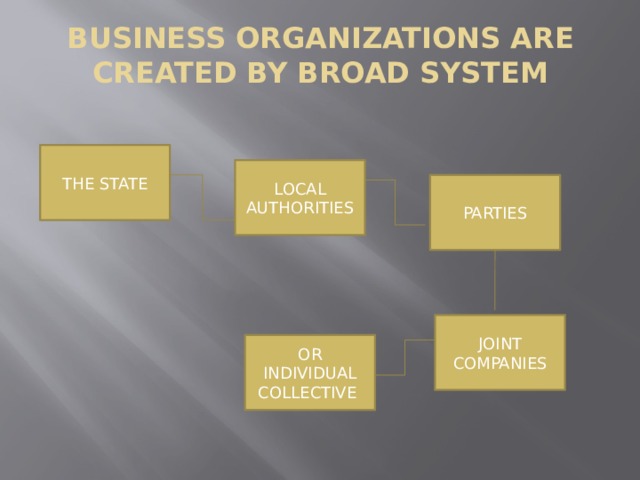 Business organizations are created by broad system THE STATE LOCAL AUTHORITIES PARTIES JOINT COMPANIES OR INDIVIDUAL COLLECTIVE 