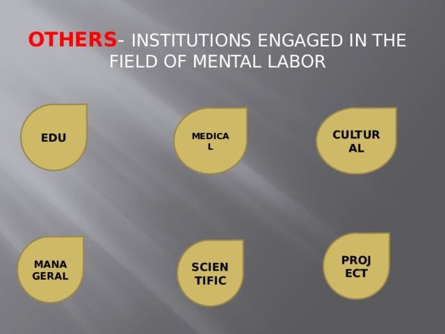 OTHERS - INSTITUTIONS ENGAGED IN THE FIELD OF MENTAL LABOR EDU MEDICAL CULTURAL PROJECT MANAGERAL SCIENTIFIC 